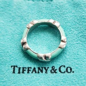 TIffany & Co. Enamel X ring, silver green blue, sice 6.25, preloved